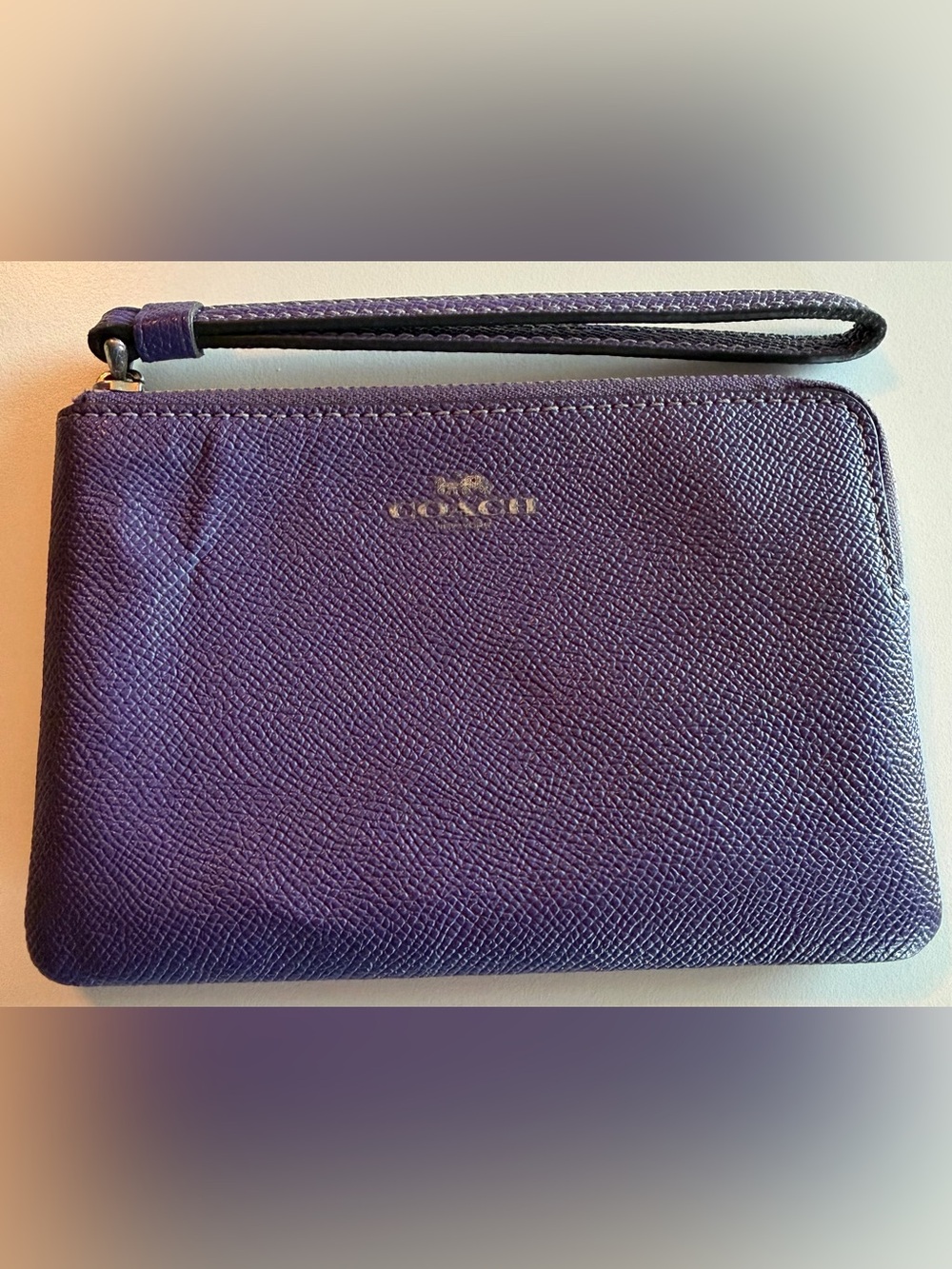 COACH Corner Zip Wristlet Purple Iris, Silver Accents Crossgrain Leather F58032